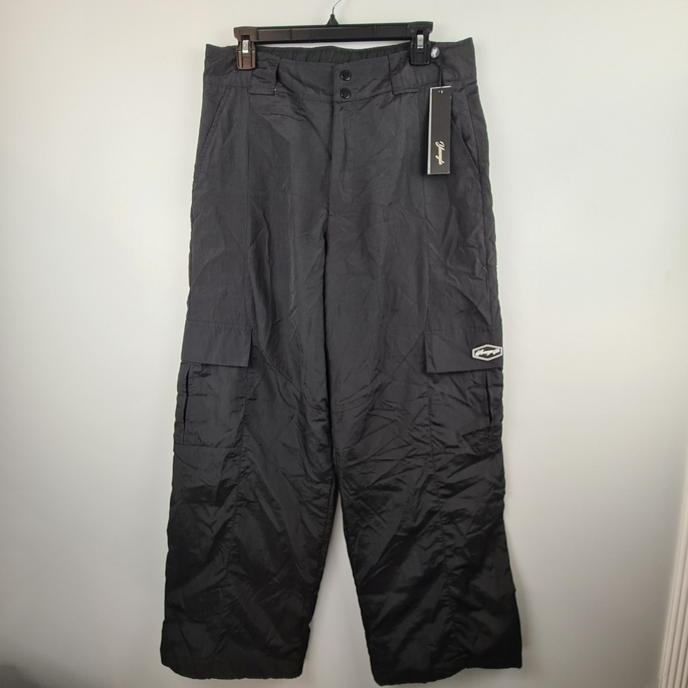 YoungLA W222 Black Cargo Parachute Pants Womens XL Relaxed Wide Leg Streetwear